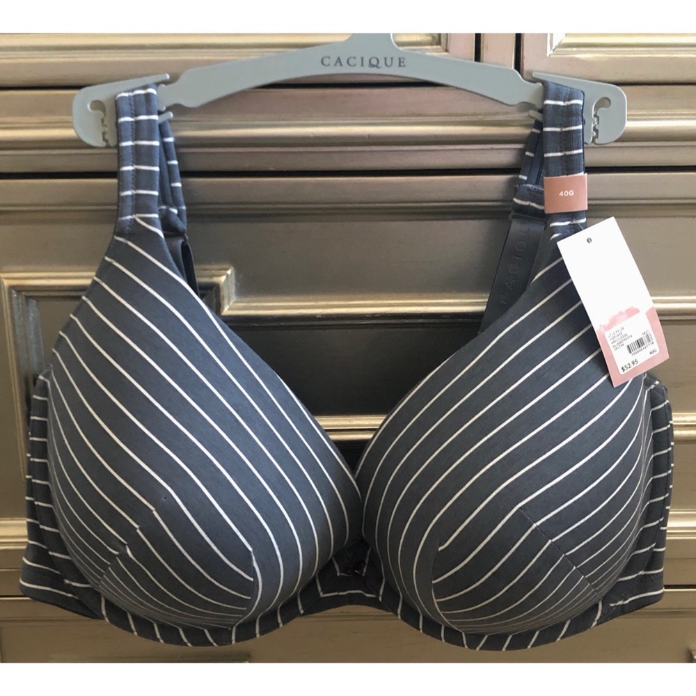 NWT Cacique Bra Cotton Boost Plunge Underwire Bra Size 40G Blue White Stripe